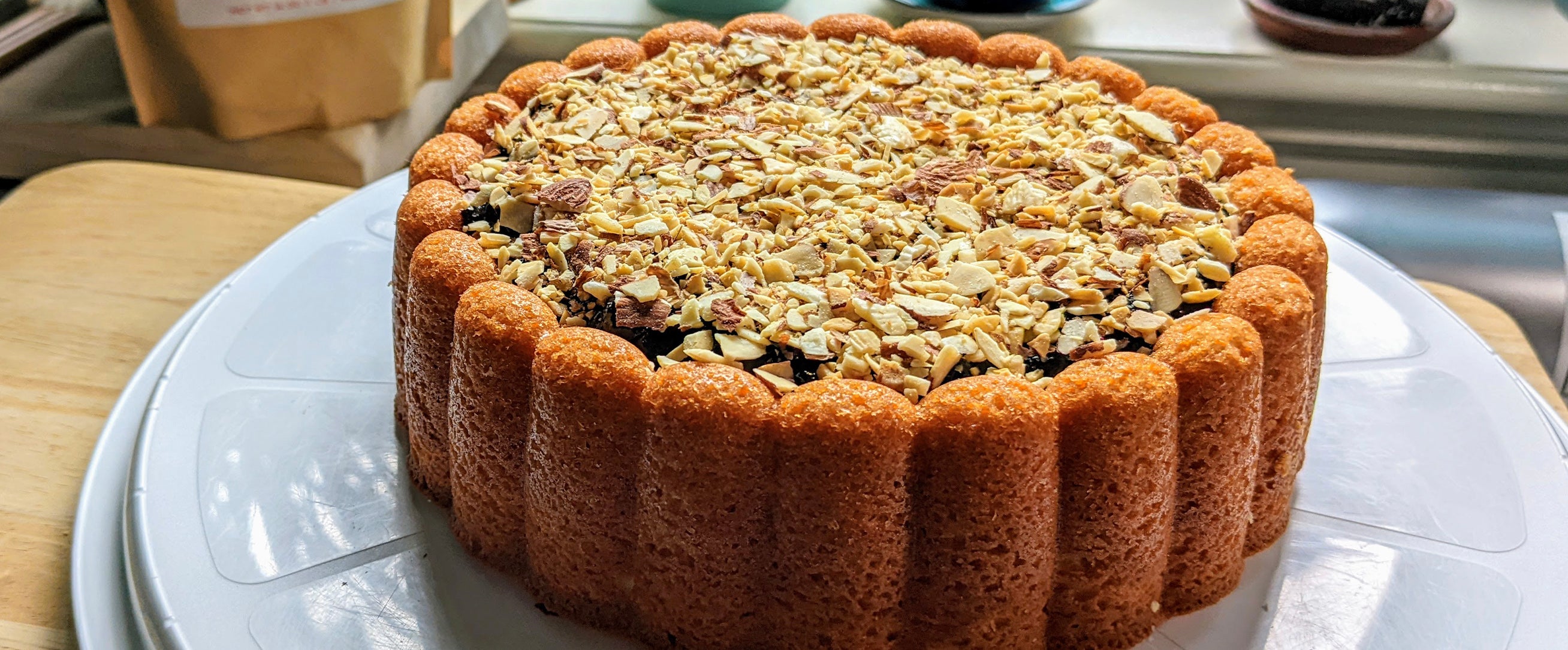 Almond Citrus Charlotte Cake w/ Blueberry Compote & Toasted Almonds