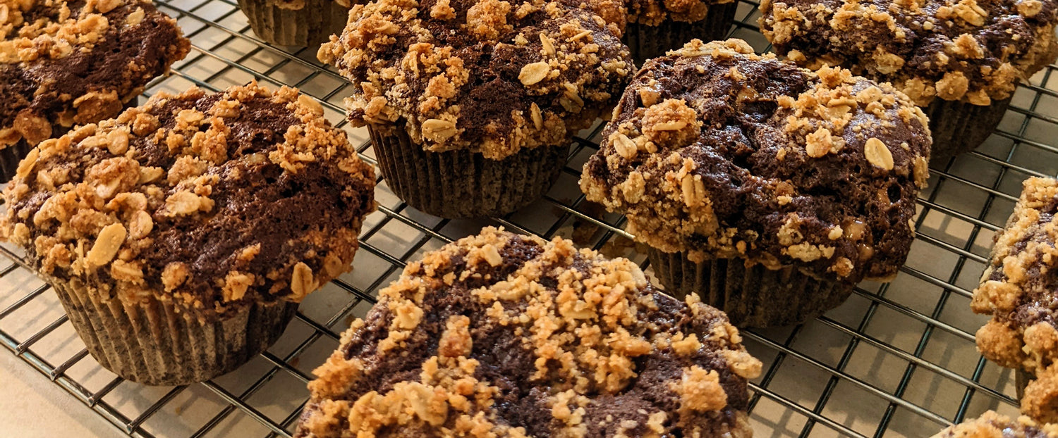 Chocolate Banana Toffee Muffins w/ Watermelon Seed & Ground Walnut Streusel Topping